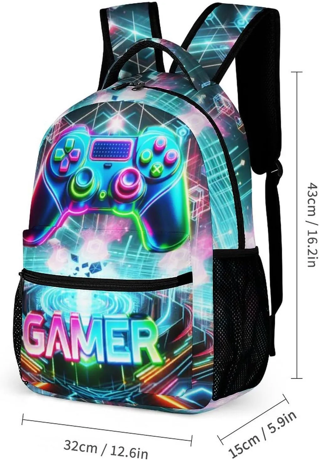 Gaming Backpack for Kids Girls Boys School, 16 Inches Cool Gaming Theme Bookbag, Adjustable, Lightweight, Large Capacity, Colorful Backpack for School