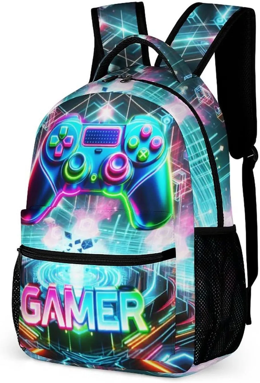 Gaming Backpack for Kids Girls Boys School, 16 Inches Cool Gaming Theme Bookbag, Adjustable, Lightweight, Large Capacity, Colorful Backpack for School