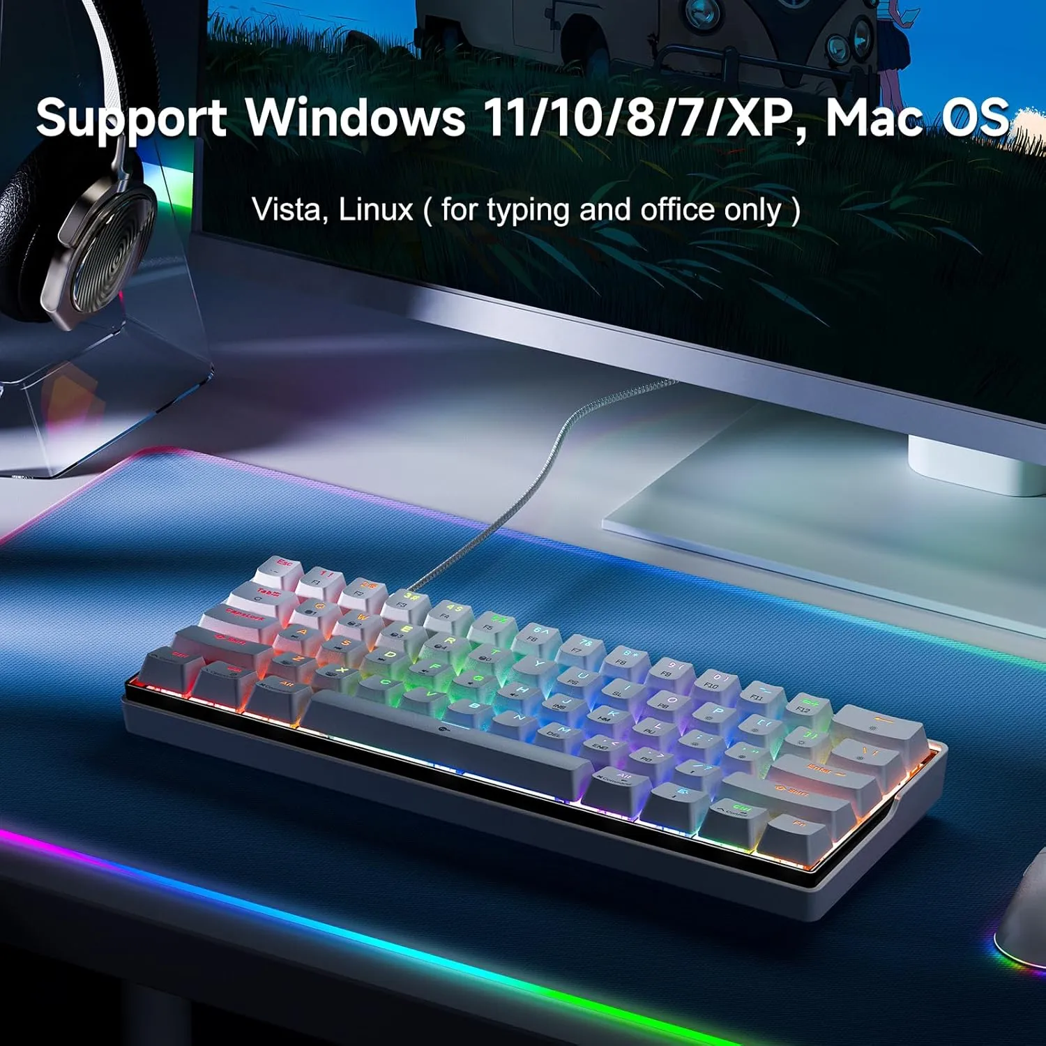 KEMOVE K61SE Gaming Mechanical Keyboard, 60 Percent Wired RGB Backlit N-Key Rollover Compact Mini 61 Keys Keyboard for PC Laptop, Blue Switch