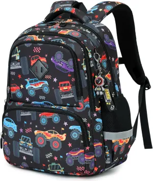 Kids Backpack, Kawaii Printed Girls Boys Bookbags for Preschool, Lightweight School Backpack for Primary and Elementary and Kindergarten, Waterproof Teen Backpacks, Black/Cars