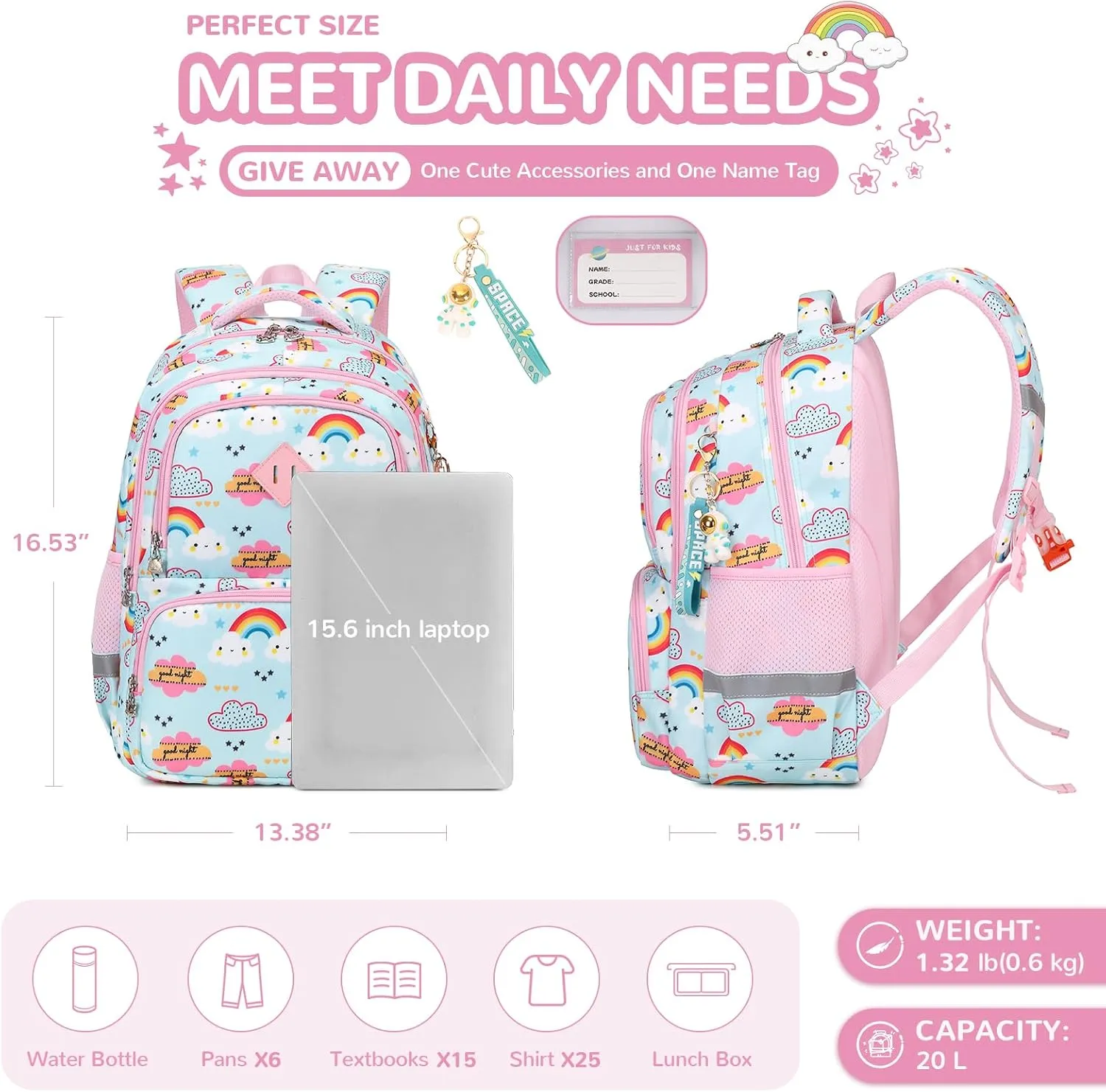 Kids Backpacks for Girls, Cyan Rainbow Elementary School Backpack, Lightweight Water Resistant Kindergarten Bookbag