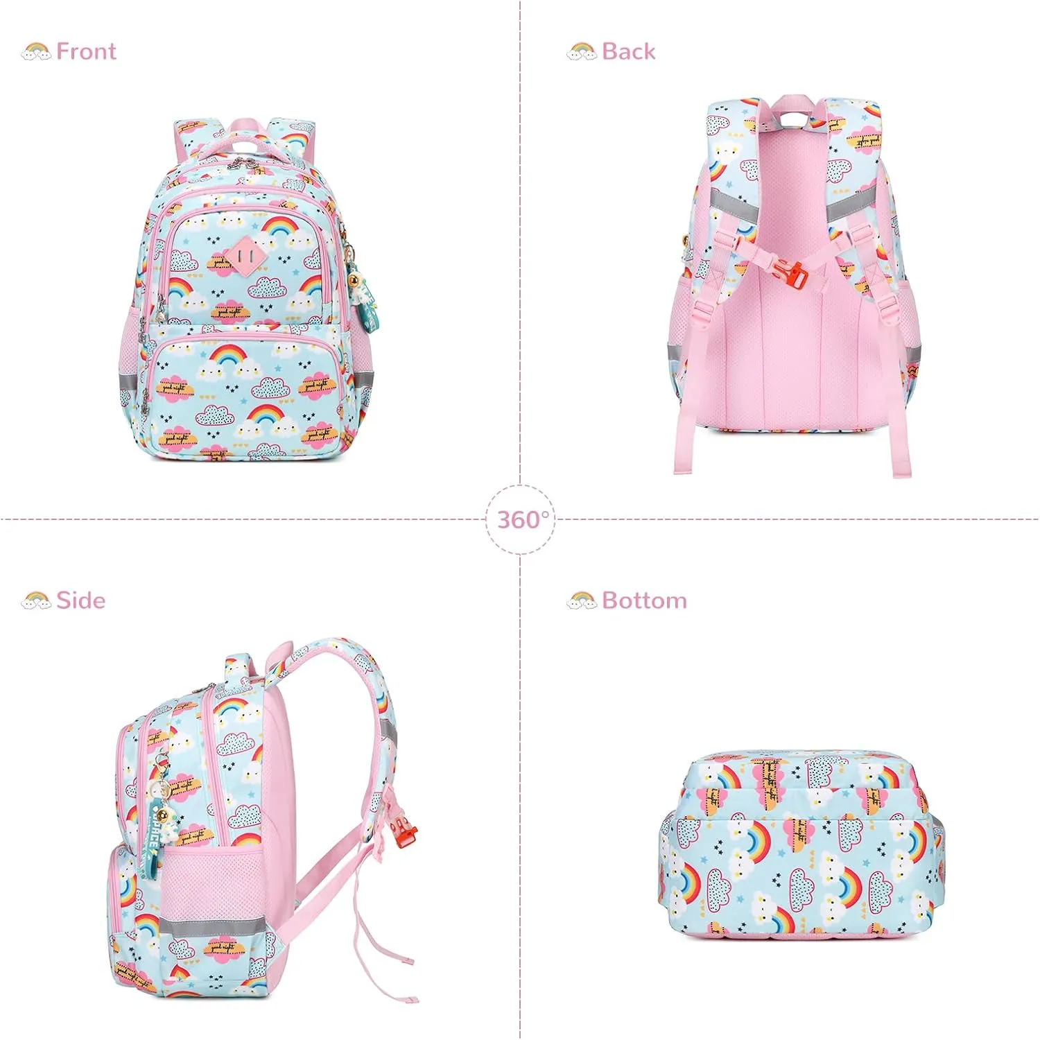 Kids Backpacks for Girls, Cyan Rainbow Elementary School Backpack, Lightweight Water Resistant Kindergarten Bookbag