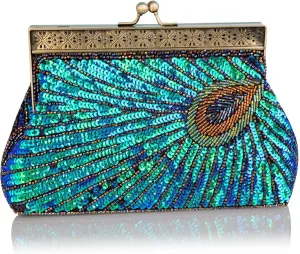 Large Vintage Style Beaded And Sequined Evening Bag Wedding Party Handbag Clutch Purse for Women Evening (Peacock blue)
