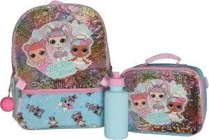 LOL Girls 4 Piece Backpack Set, Sequin School Bag with Front Zip Pocket, 2 Side Mesh Pockets, Insulated Lunch Bag, Water Bottle and Squish Ball Dangle, Turquoise Rainbow