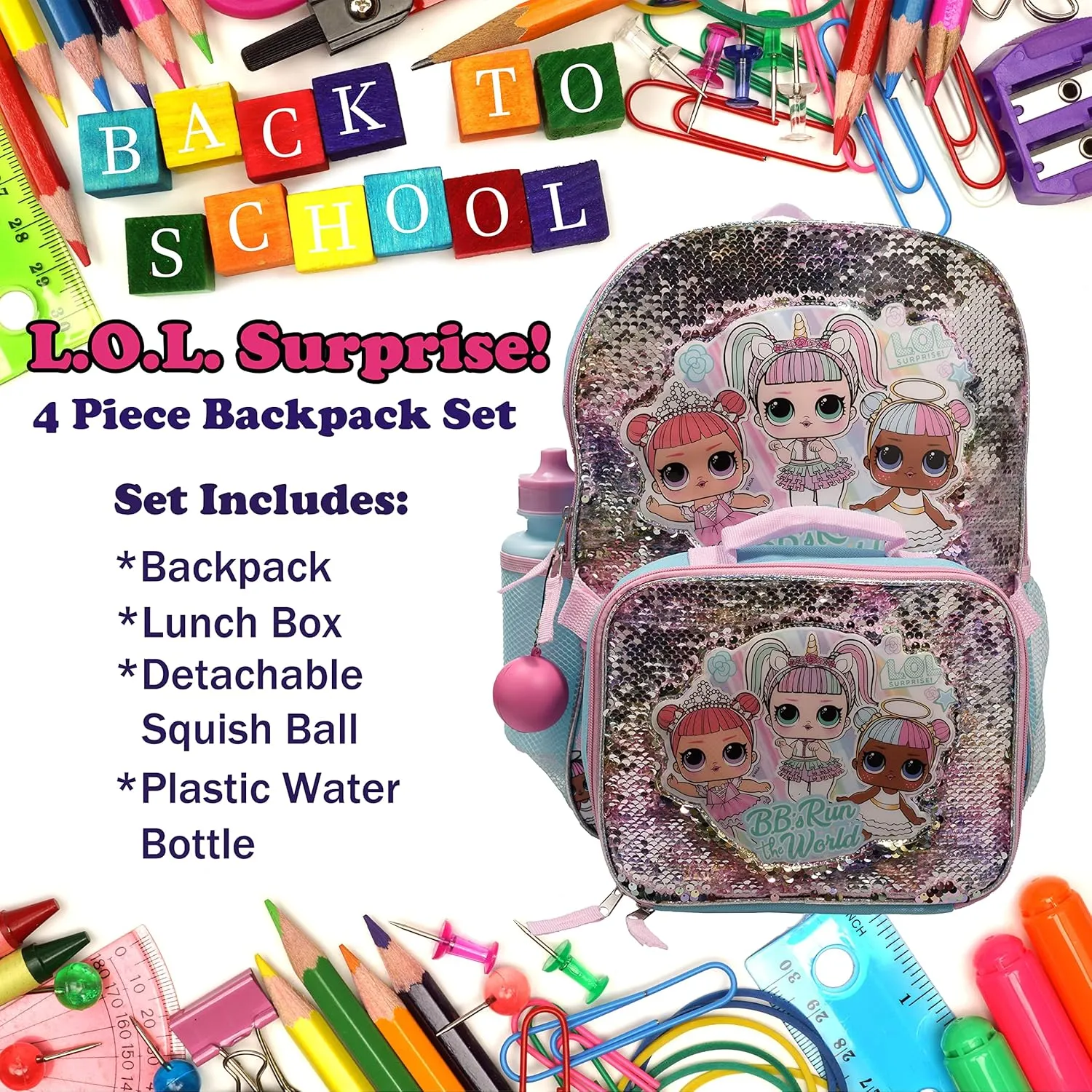 LOL Girls 4 Piece Backpack Set, Sequin School Bag with Front Zip Pocket, 2 Side Mesh Pockets, Insulated Lunch Bag, Water Bottle and Squish Ball Dangle, Turquoise Rainbow