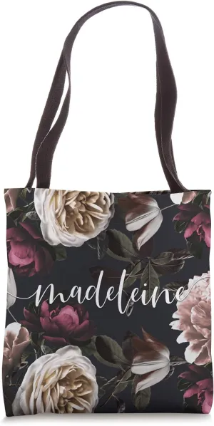 Madeleine - Elegant Floral Rose & Peony Personalized Name Tote Bag