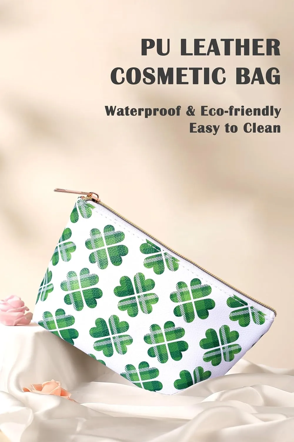 Makeup Bag for Women, PU Leather Cosmetic Bag, Waterproof Travel Toiletry Organizer Pouch (Four-leaf Clover - SMALL)