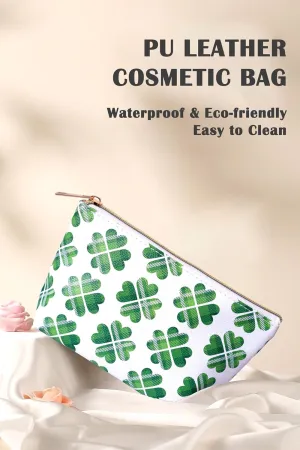 Makeup Bag for Women, PU Leather Cosmetic Bag, Waterproof Travel Toiletry Organizer Pouch (Four-leaf Clover - SMALL)