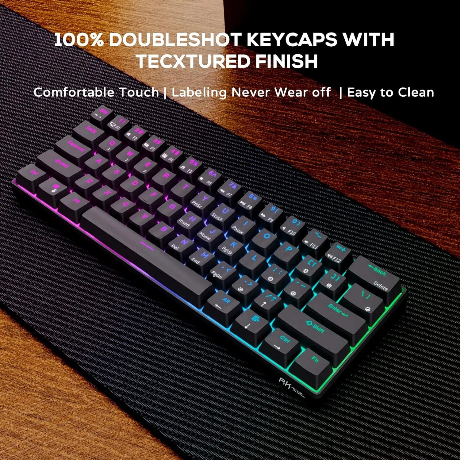 RK ROYAL KLUDGE RK61 60% Mechanical Keyboard with Coiled Cable, 2.4Ghz/Bluetooth/Wired, Wireless Bluetooth Mini Keyboard 61 Keys, RGB Hot Swappable Brown Switch Gaming Keyboard with Software - Black