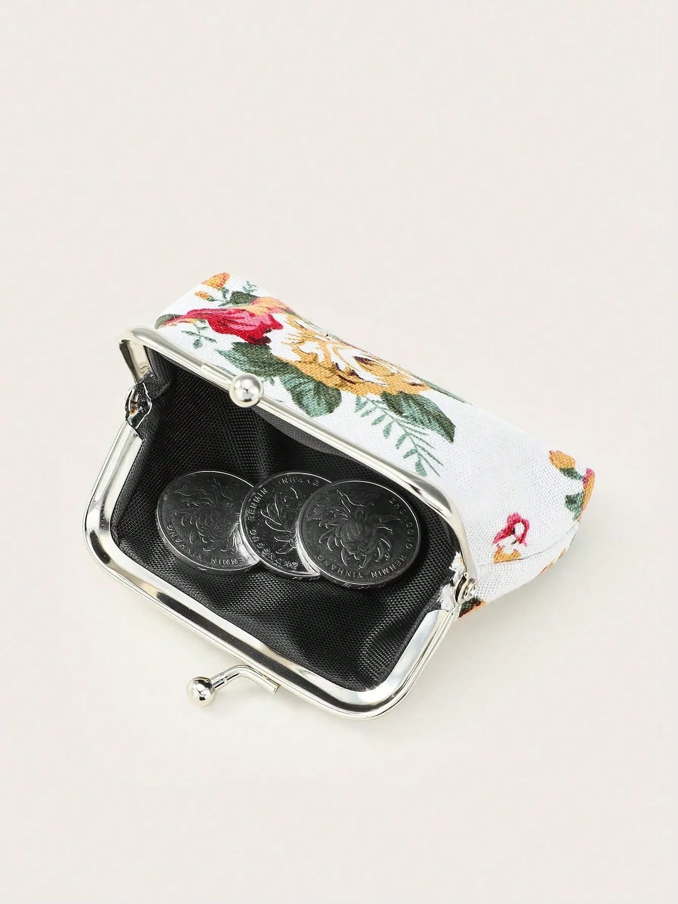 SHEIN Rose Canvas Short Wallet 1 Clutch Fabric Women'S Floral Coin Purse Card Holder