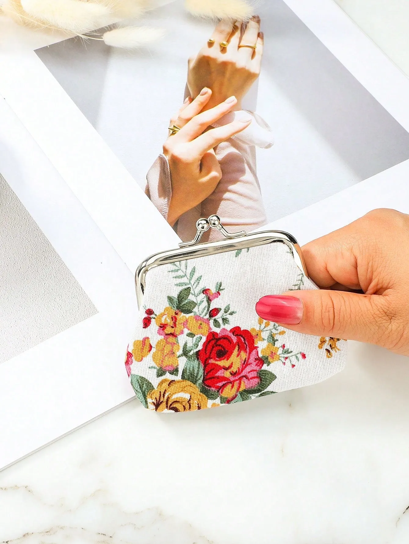 SHEIN Rose Canvas Short Wallet 1 Clutch Fabric Women'S Floral Coin Purse Card Holder