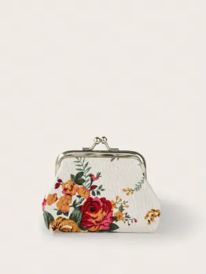 SHEIN Rose Canvas Short Wallet 1 Clutch Fabric Women'S Floral Coin Purse Card Holder