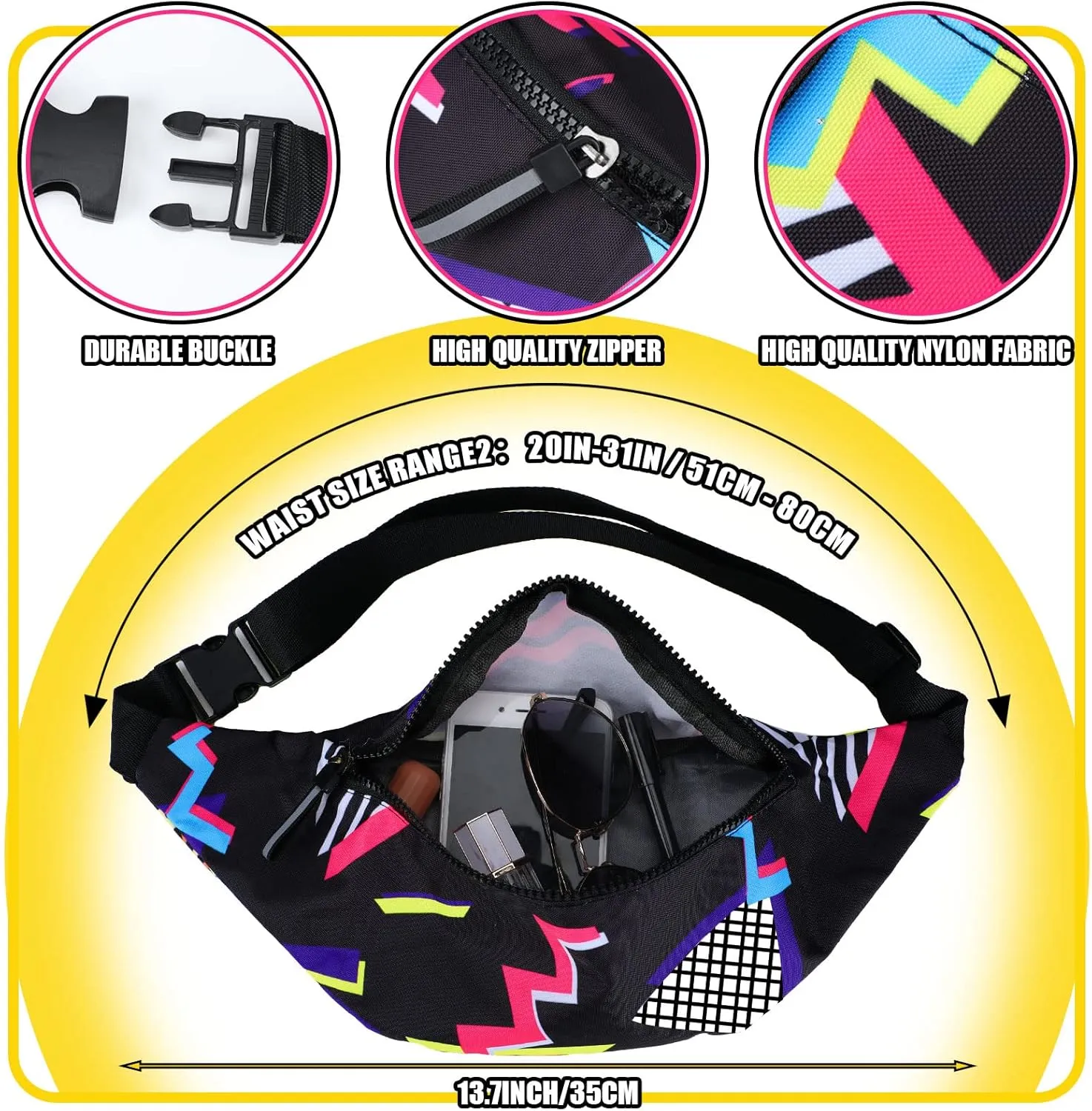 Sotiff 2 Pcs 80s 90s Fanny Pack Retro Waist Packs for Men Women Adjustable Casual Waist Bag Neon Cute Vintage Hiking Belt Bags for Travel Party Festival Hiking(Classic Style)