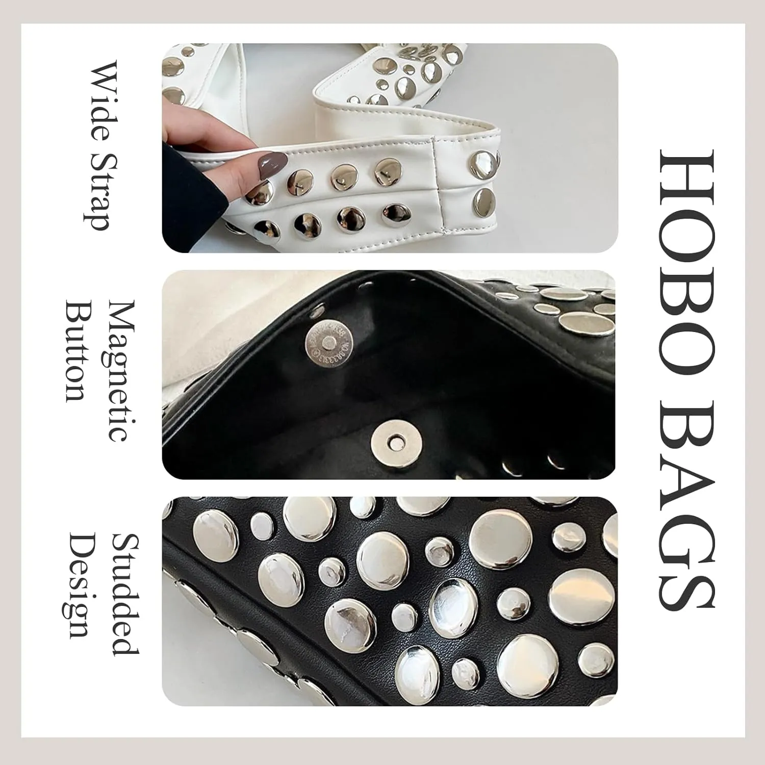 Studded Hobo Purses for Women Y2K Soft PU Leather Shoulder Bag Punk Underarm Tote Handbag