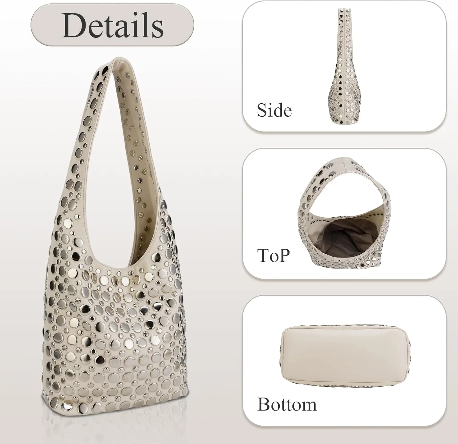 Studded Hobo Purses for Women Y2K Soft PU Leather Shoulder Bag Punk Underarm Tote Handbag