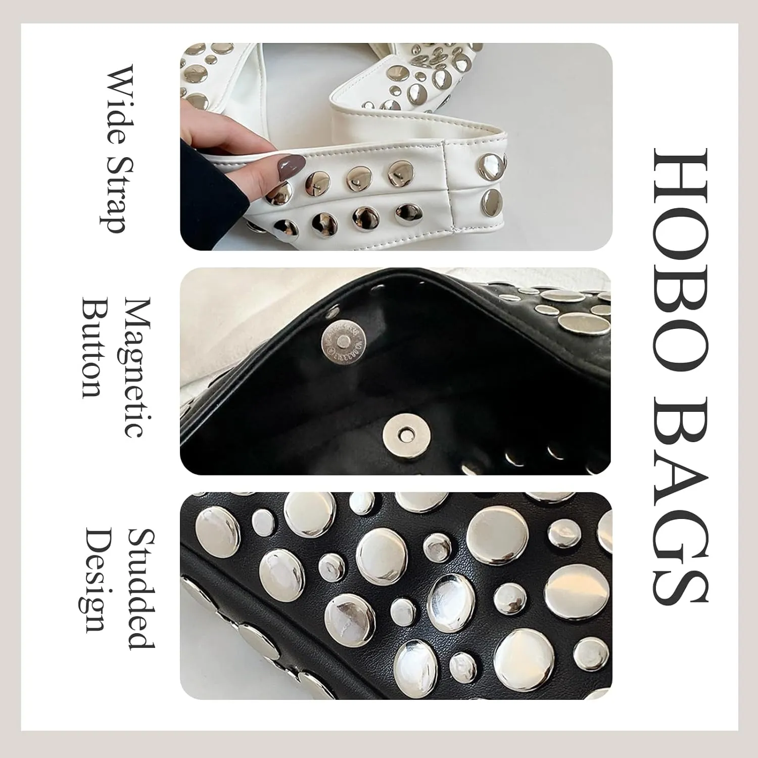 Studded Hobo Purses for Women Y2K Soft PU Leather Shoulder Bag Punk Underarm Tote Handbag