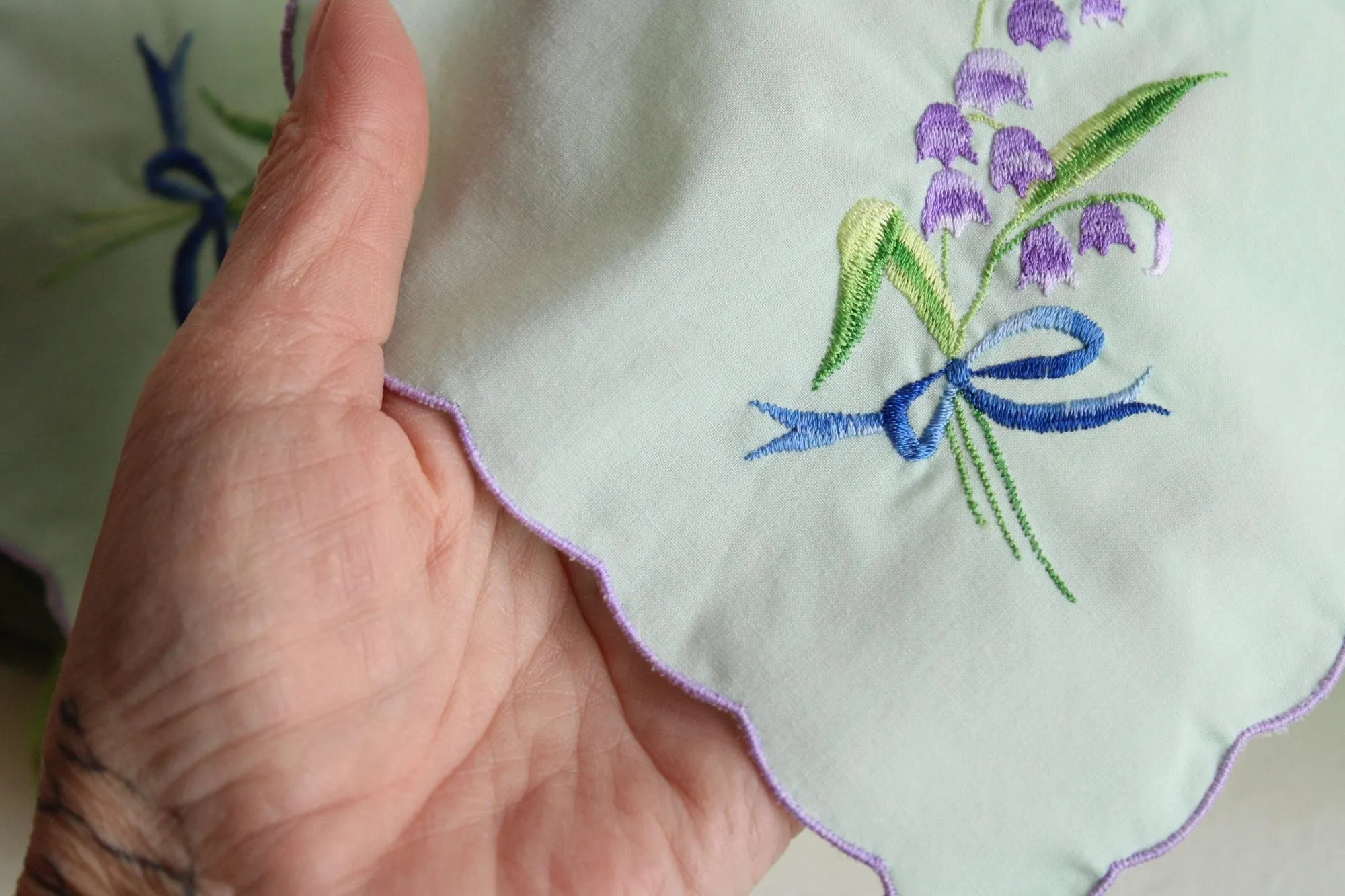 Vintage Mint Green Bun Warmer Embroidered with Purple Harebell Flowers