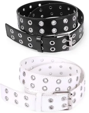 WHIPPY Double Grommet Belt for Women Men PU Leather Double Prong Buckle Vintage Punk Rock Jeans Belts