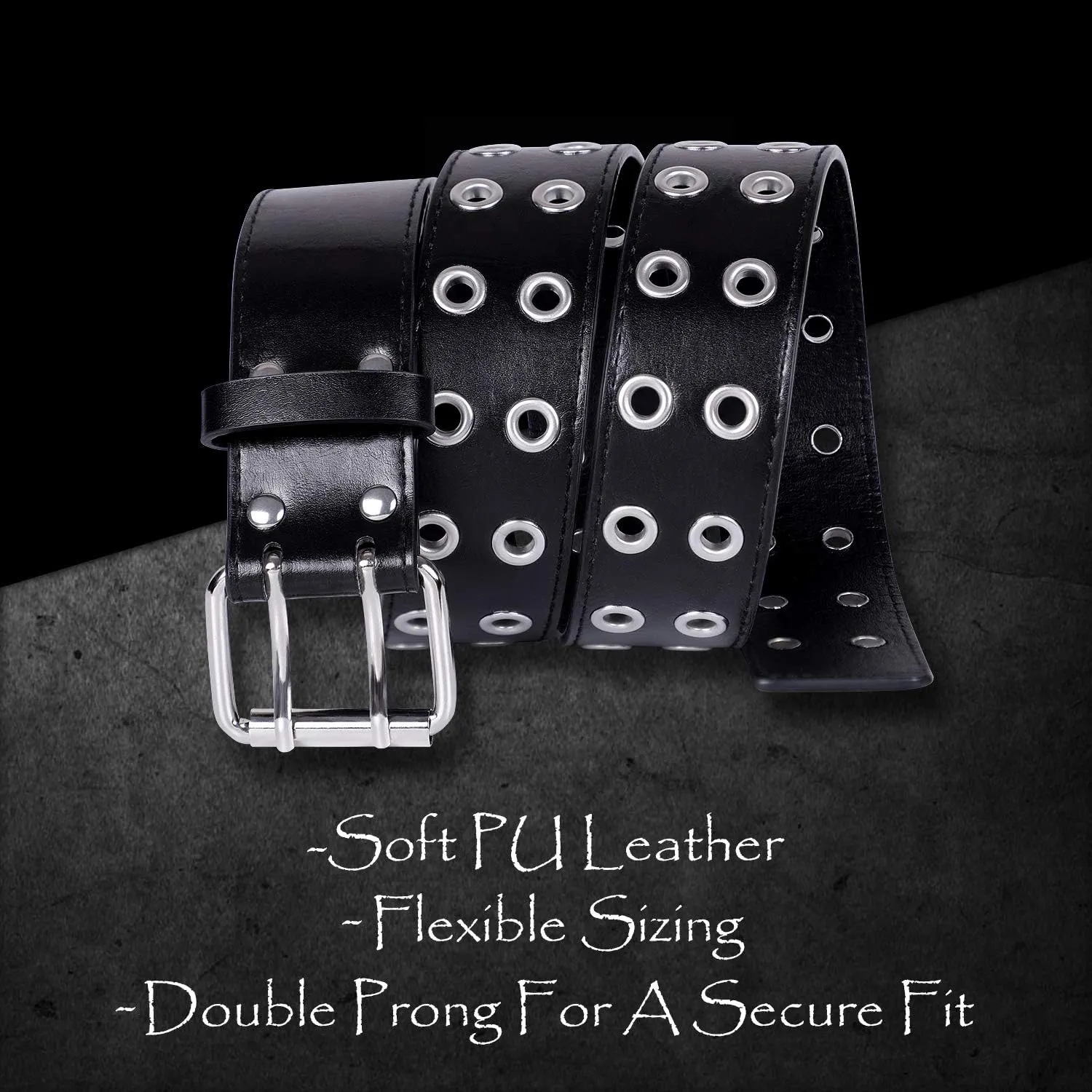 WHIPPY Double Grommet Belt for Women Men PU Leather Double Prong Buckle Vintage Punk Rock Jeans Belts