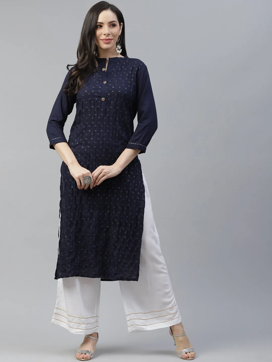 Women Navy Blue Embroidered Kurta Set