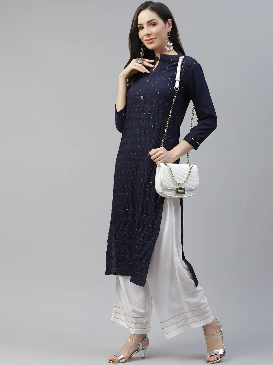 Women Navy Blue Embroidered Kurta Set