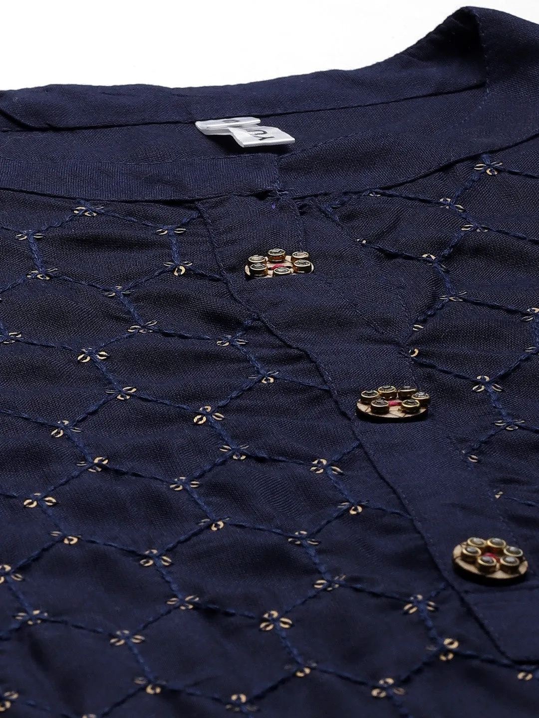 Women Navy Blue Embroidered Kurta Set