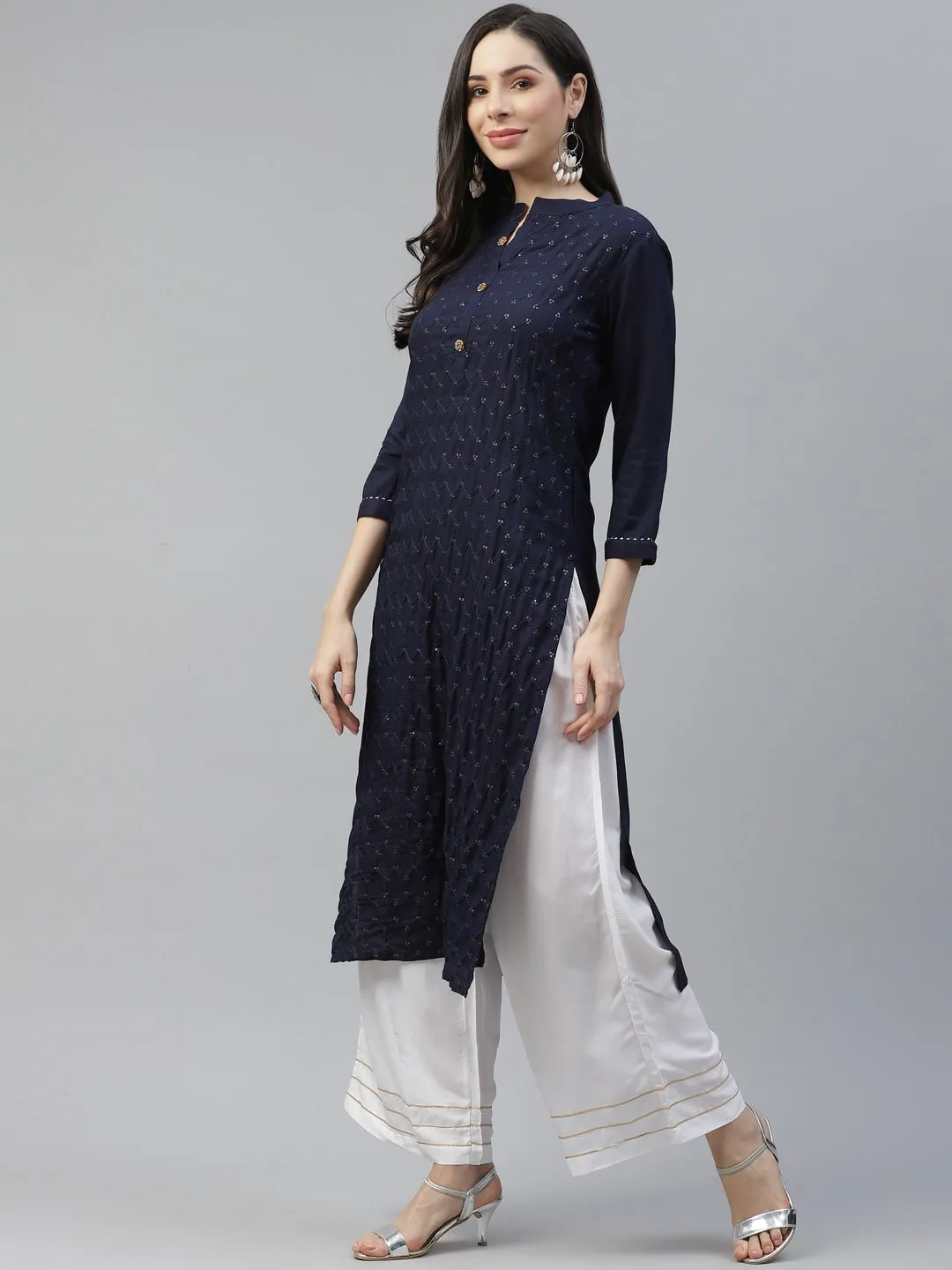 Women Navy Blue Embroidered Kurta Set