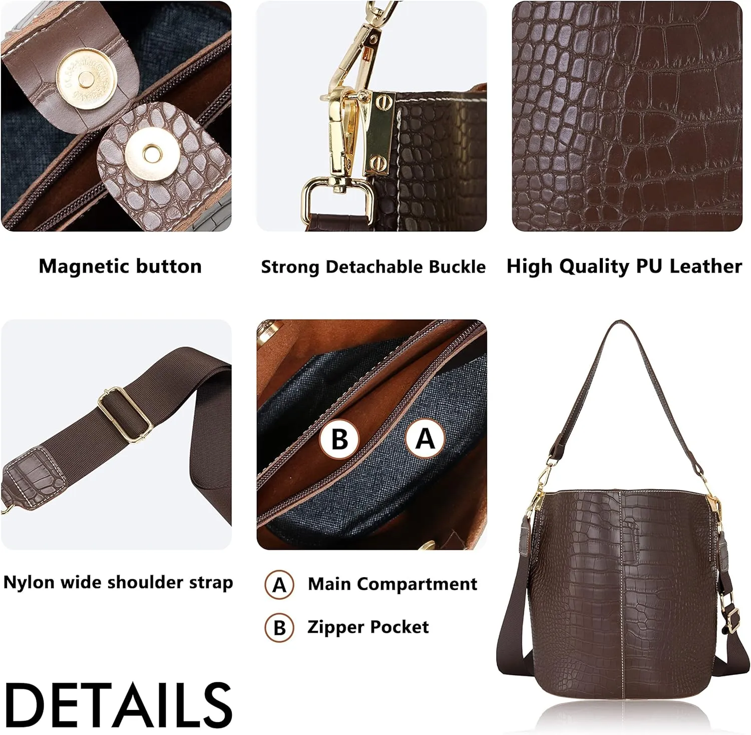 Women's Bucket Bag and Purses Crocodile Leather Crossbody Shoulder Handbags with 2 Straps Large Capacity Retro