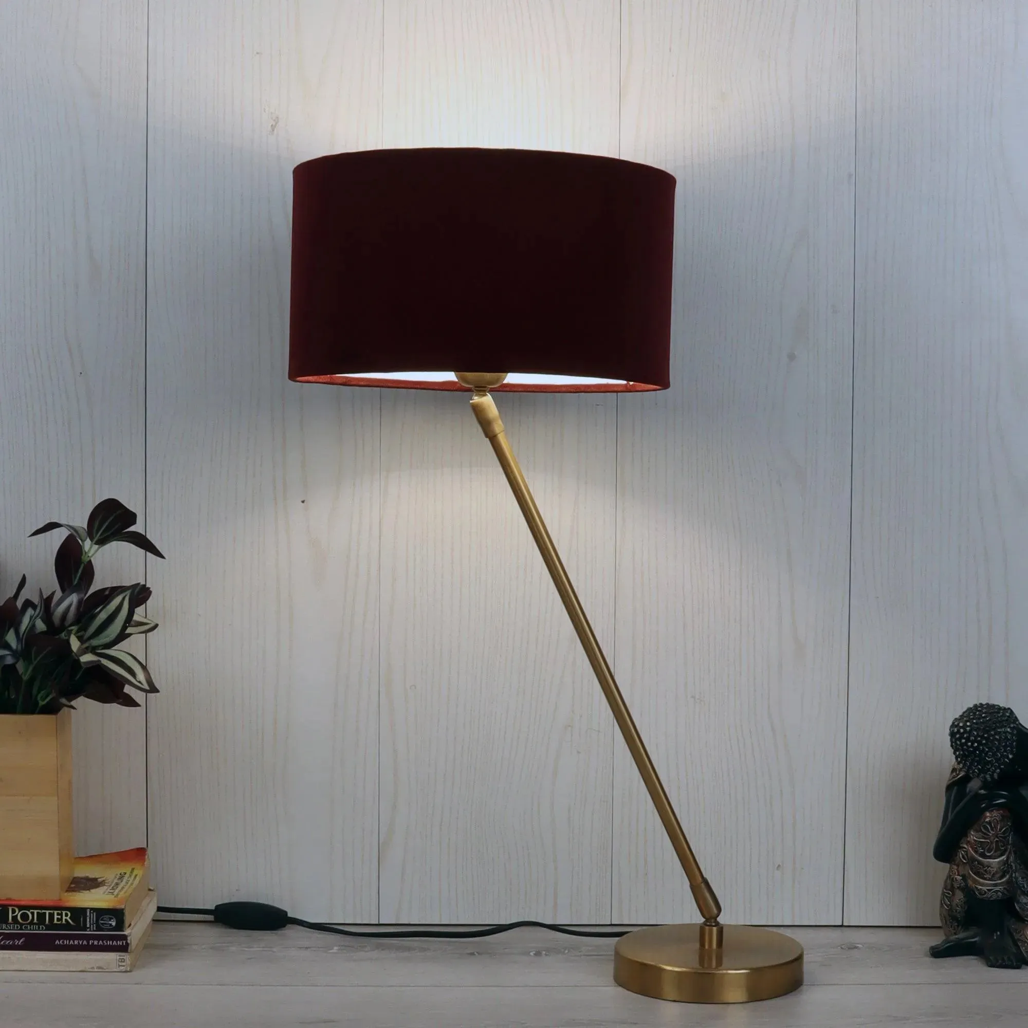 Wooden Twist Large Gold MJ Iron Brass Floor Lamp with Red Velvet Shade Modern Decorative Lamp for Living Room, Bedroom, Office